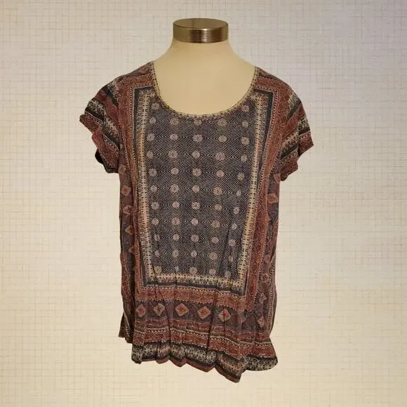 Boho 2000s Lucky Brand XL Geometric Printed Lightweight Linen Blend Tee Shirt XL - Picture 1 of 8